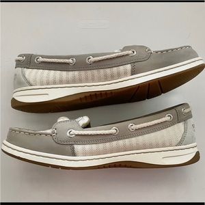 Sperry Top-Sider Gray Leather Boat Shoe with Metallic Stripes